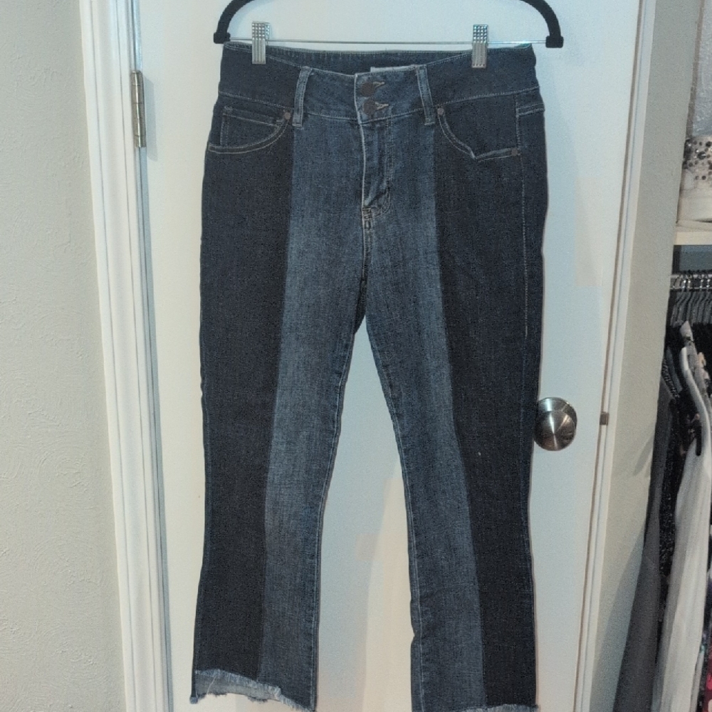 CAbi Two-Tone Ankle Jeans - Dark and Light Blue